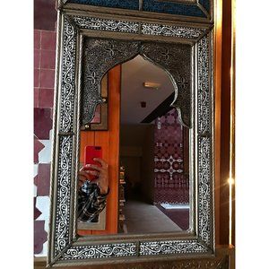 Mirror With Goat Bone and Silver Patterned Framed Moroccan Inspiration